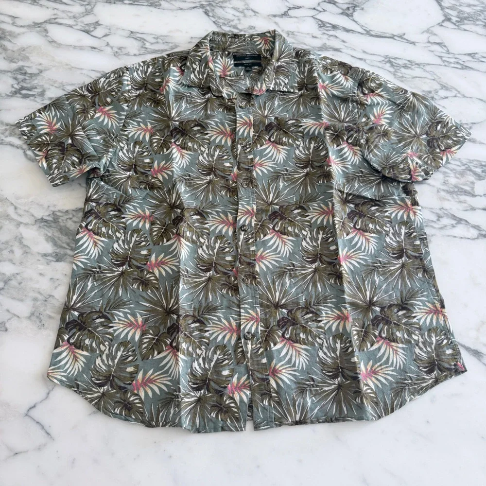 Banana Republic Mens XL Slim Fit Linen Tropical Palm Leaf Print Shirt Green